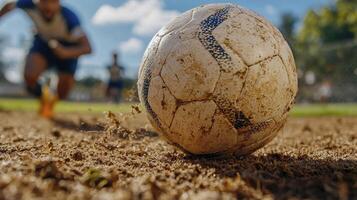 Action-Packed Soccer Game A Close-Up Shot of a Dirty Soccer Ball on the Field, Capturing the Grit and Intensity of the Sport, with Players Running in the Background, Showing the Excitement and Energy photo