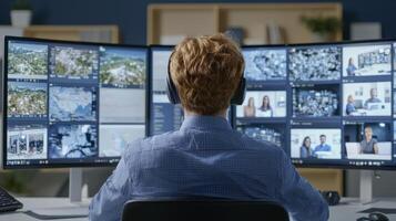 Analyzing Big Data A Deep Dive into Real-Time Information Flow, Witnessing the Power of Technology, as a Dedicated Professional Monitors Multiple Screens displaying Streaming Analytics, Ensuring photo