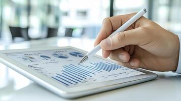 Analyzing Business Data on a Tablet A Close-Up View of Market Trends and Financial Analysis Enhance your presentations and reports with this professional image of data driven decision making Perfect photo