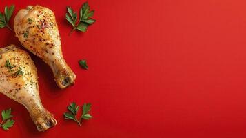 Delicious Roasted Chicken Legs on Vibrant Red Background A High-Quality Stock Photo for Culinary and Food-Related Projects Capture the Essence of Flavor with this Appetizing Image, Perfect for Menus