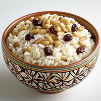 Delicious Rice Bowl A Culinary Masterpiece Featuring Fluffy White Rice Topped with Nutty Pine Nuts and Sweet Cranberries, Served in an Ornate Bowl with Intricate Designs, a Perfect Dish for Healthy photo