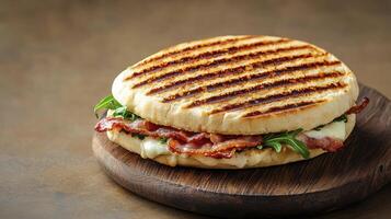 Delicious Panini Sandwich with Crispy Bacon, Fresh Arugula, and Melted Mozzarella Cheese, Served on a Rustic Wooden Board a Perfect Lunch or Quick Dinner Option Enjoy this Grilled Sandwich, a photo