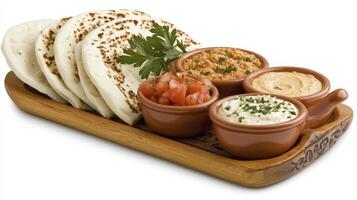 Delicious Mezze Platter A vibrant arrangement of flavorful dips and fresh flatbread, perfect for sharing and enjoying a delightful culinary experience This Mediterranean-inspired plate features photo