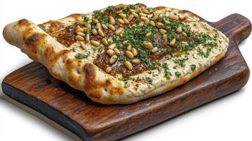 Delicious Manakish Zaatar Flatbread on Rustic Wood Board A Close-Up Image Showcasing Middle Eastern Cuisine, Perfect for Food Blogs, Restaurant Menus, and Culinary Websites High-Quality Photography photo