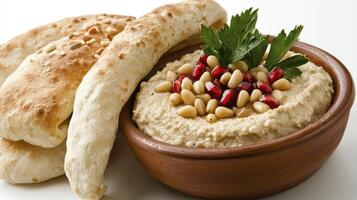 Delicious Hummus with Pita Bread A Culinary Delight Discover the creamy texture and rich flavors of authentic hummus served with warm, fluffy pita bread Perfect for a healthy snack or a flavorful photo