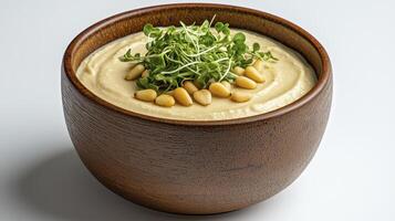Delicious Homemade Hummus in a Rustic Wooden Bowl A Close-Up View of Creamy Chickpea Dip Garnished with Fresh Sprouts and Toasted Pine Nuts Perfect for a Healthy Snack or Appetizer, this Image photo