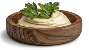 Delicious Homemade Hummus in Rustic Wooden Bowl A Culinary Delight Showcasing the Creamy Texture and Fresh Ingredients Perfect for Healthy Snacking and Mediterranean Cuisine This Image Captures the photo