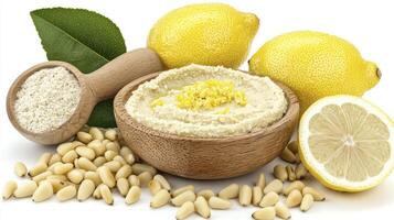Delicious Homemade Hummus Recipe A Vibrant and Healthy Mediterranean Delight with Fresh Lemons, Creamy Tahini, and Toasted Pine Nuts This simple recipe offers a flavorful and nutritious appetizer or photo
