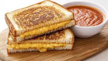 Delicious Grilled Cheese Sandwich with Tomato Soup A Classic Comfort Food Meal Explore cheesy, golden-brown perfection on toasted bread paired perfectly with warm, comforting tomato soup Perfect for photo
