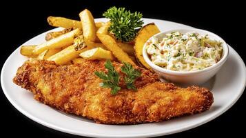 Delicious Fried Fish and Chips with Creamy Coleslaw on a White Plate A Mouthwatering Close-Up Shot Capturing the Crispy Texture of the Golden-Brown Fish, the Perfect Crunch of the French Fries, and photo