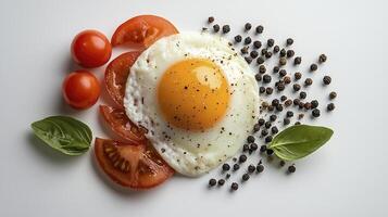 Delicious Fried Egg with Fresh Tomatoes, Basil Leaves, and Black Pepper on a White Background A Culinary Delight Photograph Showcasing Breakfast, Brunch, or Lunch Ingredients, Perfect for Food Blogs photo