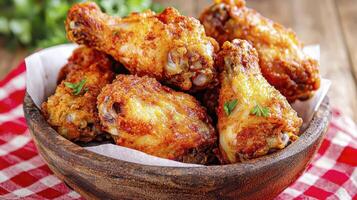 Delicious Fried Chicken Wings A Close-Up View of Crispy, Golden-Brown Perfection Capture the Taste of Homemade Comfort Food with this Stock Photo of Juicy Chicken Wings Served in a Rustic Wooden Bowl