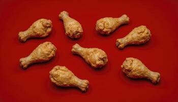 Delicious Fried Chicken Drumsticks on Vibrant Red Background A mouthwatering close-up of crispy, golden-brown fried chicken drumsticks arranged on a vivid red surface, perfect for food blogs photo