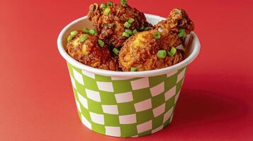 Delicious Fried Chicken Drumsticks in a Bucket A Culinary Delight, featuring crispy golden-brown skin, garnished with fresh green chives, set against a vibrant red background, perfect for food photo