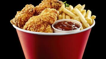 Delicious Fried Chicken Bucket A Mouthwatering Close-Up of Crispy Golden Brown Chicken Wings and French Fries, Served with Tangy Barbecue Sauce in a Red Bucket Perfect for Fast Food Cravings, Dinner photo
