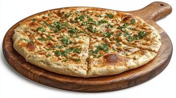 Delicious Flatbread Pizza on Wooden Board A culinary masterpiece featuring golden crust, vibrant green herbs, and rustic charm Perfect for food bloggers, restaurant menus, and recipe websites This photo