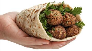 Delicious Falafel Wrap Held in Hand A Close-Up of Mediterranean Cuisine Perfection Experience the Authentic Flavors of Middle Eastern Street Food with Fresh Herbs and Crispy Falafel Balls Wrapped in photo