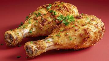 Delicious Crispy Fried Chicken Drumsticks on a Red Background A mouthwatering image showcasing golden-brown, perfectly cooked chicken legs, ideal for food blogs, recipe websites, and restaurant menus photo