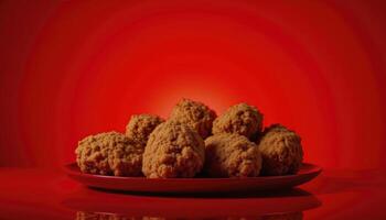 Delicious Crispy Chicken Meatballs on a Red Plate A Mouthwatering Close-Up Shot Showcasing the Texture, Color, and Irresistible Appeal Perfect for Food Blogs, Restaurant Menus, and Culinary Websites photo