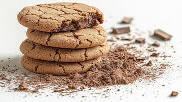 Delicious Chocolate Chip Cookies Stacked High with Cocoa Powder A Close-Up Shot Capturing the Sweet Indulgence and Tempting Texture of Freshly Baked Treats, Perfect for Food Blogs, Baking photo