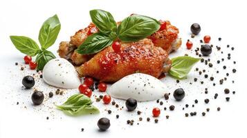 Delicious Chicken Wings with Tomato Sauce, Basil, and Black Olives A High-Resolution Image Showcasing Fresh Ingredients and Vibrant Colors for Culinary Websites, Restaurant Menus, Food Blogs, Social photo