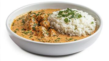 Delicious Chicken Tikka Masala served with fluffy white rice, presented in a clean white bowl, offering an inviting glimpse into a classic Indian cuisine experience Enjoy the rich, creamy photo