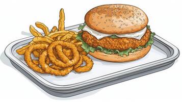 Delicious Chicken Sandwich with Crispy Fries and Golden Onion Rings on a White Tray A tempting and appetizing image perfect for food blogs, restaurant menus, and social media posts Showcase the photo