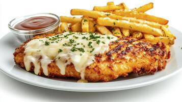 Delicious Chicken Schnitzel with Melted Cheese and Crispy Golden French Fries A High-Resolution Image Showcasing a Classic Comfort Food Dish, Perfect for Restaurant Menus, Food Blogs, and Culinary photo