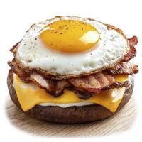 Delicious Breakfast Sandwich A Sunny-Side Up Egg, Crispy Bacon, and Melted Cheddar Cheese on a Toasted Bun Start Your Day with This Mouthwatering Treat Perfect for Brunch or a Quick Meal Indulge in photo