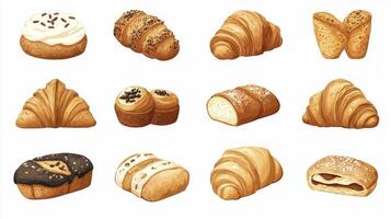 Delicious Assortment of Freshly Baked Goods A Visual Feast of Croissants, Buns, and Sweet Treats Indulge Your Senses with an Array of Golden Brown Pastries, Perfect for Breakfast, Brunch, or a photo
