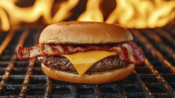 Delicious Bacon Cheeseburger on Grill, Perfect Stock Photo for Restaurants, Food Blogs, and Culinary Websites Showcasing a juicy beef patty, melted cheddar cheese, crispy bacon strips on a toasted