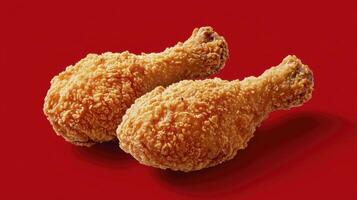 Crispy, golden fried chicken legs presented on a vibrant red background offer a mouthwatering visual feast, showcasing the texture, color, and deliciousness of this classic comfort food perfect for photo