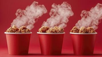 Crispy, golden fried chicken awaits in vibrant red buckets, steam rising temptingly, a delicious invitation to indulge Enjoy the classic comfort food experience with this image perfect for showcasing photo