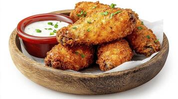Crispy and Golden Fried Chicken Wings A Delicious Feast for the Senses Indulge in the Irresistible Flavor and Texture of Perfectly Cooked Wings, Served with a Creamy Dipping Sauce Experience the photo