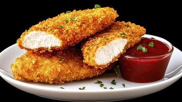 Crispy Fried Chicken Tenders A Delicious and Easy Recipe Featuring Golden Brown Breaded Chicken Served with a Side of Ketchup on a White Plate Perfect for Dinner, Lunch, or a Quick Snack This photo