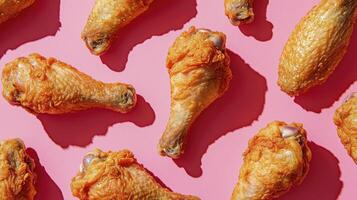 Crispy Fried Chicken Legs on Vibrant Pink Background A Delicious Culinary Still Life Featuring mouthwatering close-ups, showcasing golden-brown texture, and irresistible appeal Perfect for food photo