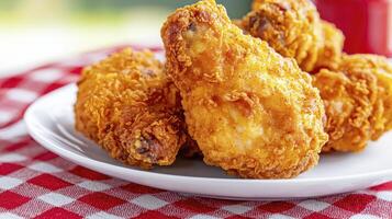 Crispy Fried Chicken Delights A Close-Up View of Golden-Brown Perfection, Showcasing Juicy and Tender Meat with a Delightful Crunch Indulge in this Classic Comfort Food, Perfect for Family photo