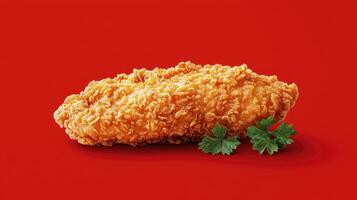 Crispy Fried Chicken Delight on Vibrant Red Backdrop A Mouthwatering Still Life Explore the tantalizing texture and golden brown perfection of this freshly cooked chicken piece, showcasing its photo