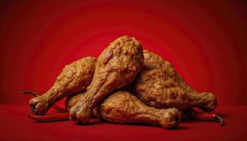 Crispy Fried Chicken Delight A Tempting Close-Up of Golden Brown Perfection Against a Vibrant Red Backdrop, Showcasing Juicy, Delicious Drumsticks Perfect for Foodies and Culinary Enthusiasts, This photo