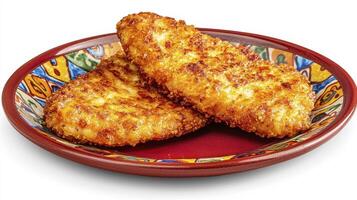 Crispy Fried Chicken Breast on a Decorative Plate A Delicious and Savory Dish Presented in a Visually Appealing Manner, Perfect for Food Photography, Restaurant Menus, and Culinary Presentations photo