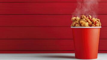 Crispy Delight A Close-Up of Steaming Popcorn Chicken in a Vibrant Red Bucket Against a Matching Backdrop This image captures the essence of fast food indulgence, offering a tempting visual treat for photo