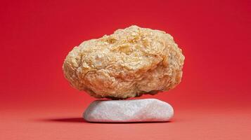 Crispy Chicken Nugget Still Life Photography A Studio Shot Showcasing Culinary Artistry Explore the Detailed Texture of a Golden-Brown Nugget Balanced on a White Stone, Against a Vibrant Red Backdrop photo
