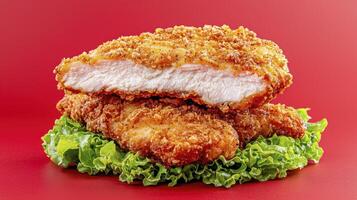 Crispy Chicken Delight A Close-Up of Golden-Fried Perfection, showcasing the succulent inside and crunchy outside of a delicious chicken filet This delectable image captures the essence of comfort photo