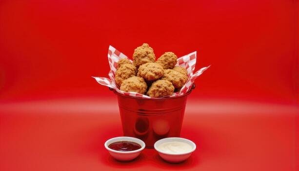 Crispy Chicken Bites Delight Dive into a world of savory indulgence with this captivating image showcasing golden-brown chicken bites presented in a charming bucket Perfect for food bloggers photo