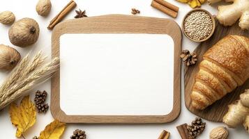 Cozy Autumn Baking Scene Blank White Board Surrounded by Warm Spices, Fresh Croissant, and Golden Wheat A Perfect Template for Fall Recipes, Thanksgiving Menus, or Seasonal Greetings Capture the photo