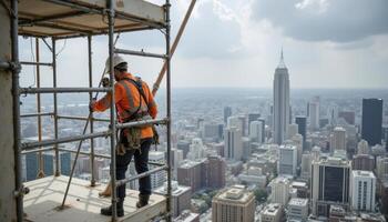 Construction worker, safely positioned on scaffolding high above New York City, captures the impressive cityscape and iconic Empire State Building This image showcases the dedication and skill of photo