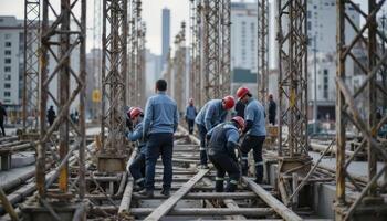 Construction Workers Building Urban Infrastructure A Detailed Look at Labor, Industry, and Progress in the City, Featuring Steel Structures, Hard Hats, and a Team Effort Towards Modern Development photo