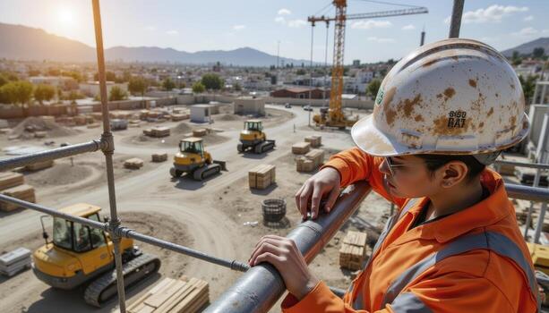 Construction Worker Overseeing a Busy Construction Site A Detailed Look at Infrastructure Development and Urban Expansion, Featuring Heavy Machinery, Cranes, and the Dedicated Team Building the photo