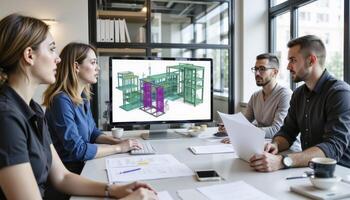 Collaborative Engineering Design Meeting Explore advanced manufacturing solutions with our dedicated team of engineers Utilizing 3D modeling software, we meticulously analyze virtual factory layouts photo