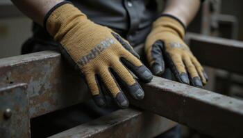 Close-up image of work gloves resting on a metal surface, emphasizing texture and detail These protective hand coverings are ideal for various tasks such as construction, woodworking, mechanics, and photo